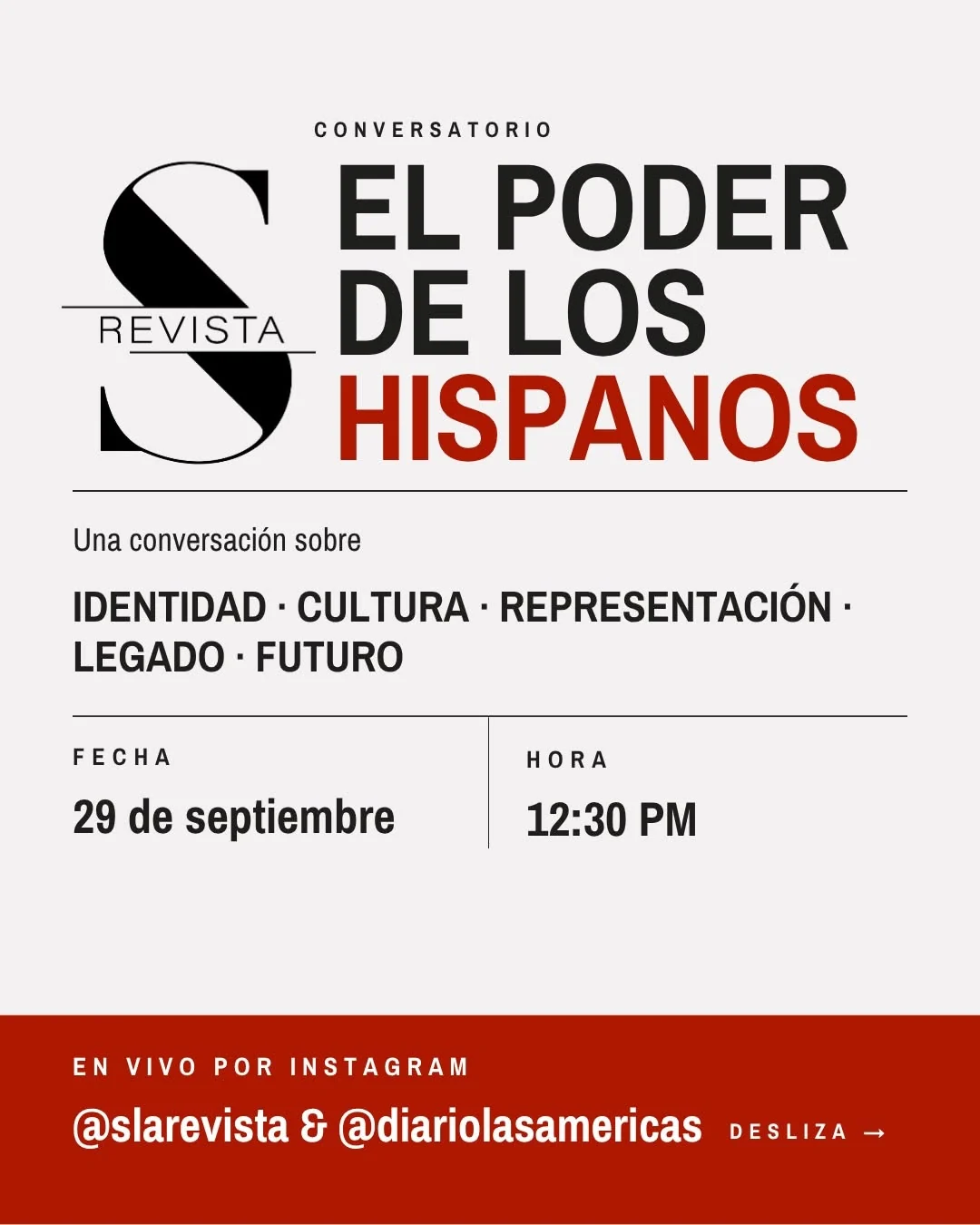 Official El Poder de los Hispanos event announcement for September 29 at 12:30 PM