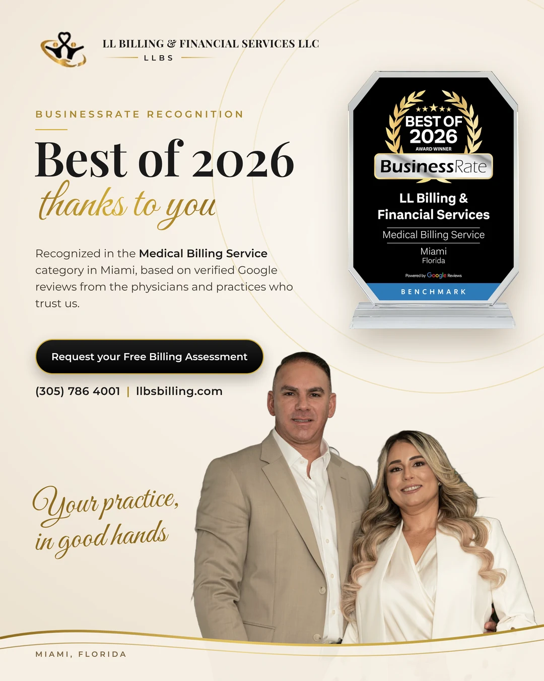 LL Billing founders with the BusinessRate Best of 2026 award